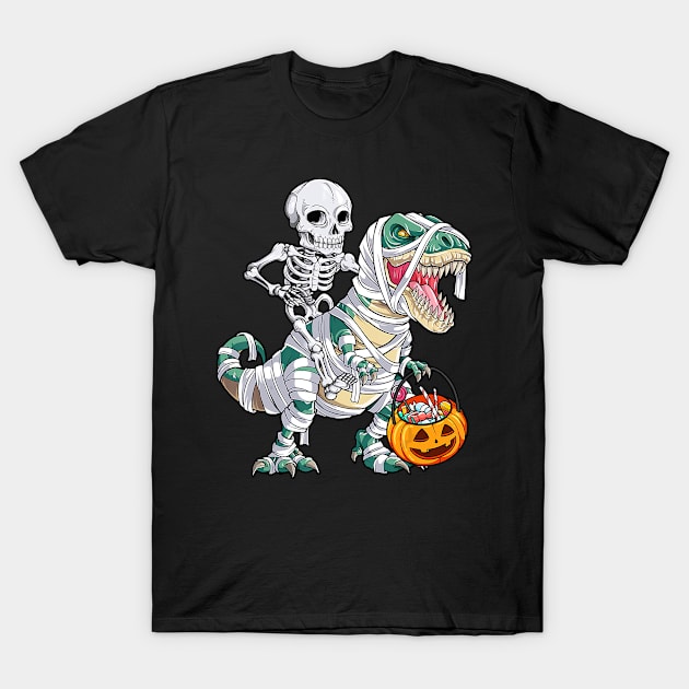 Skeleton Riding Mummy Dinosaur T rex Halloween Kids Boys Men T-Shirt by jrgenbode